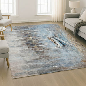 HomeRoots 5' Nautical Blue and Beige Washable Area Rug - Durable, Stain Resistant, UV Protected, Non-Slip Backing 716667