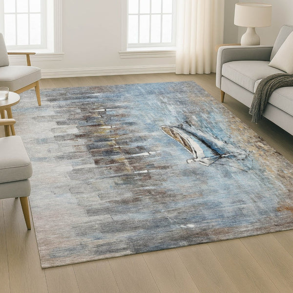 HomeRoots 5' Nautical Blue and Beige Washable Area Rug - Durable, Stain Resistant, UV Protected, Non-Slip Backing 716667