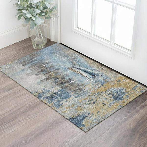 HomeRoots 5' Nautical Blue and Beige Washable Area Rug - Durable, Stain Resistant, UV Protected, Non-Slip Backing 716667