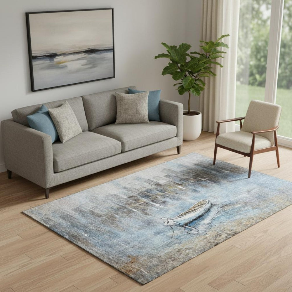 HomeRoots 8' Nautical Blue and Beige Round Rug – Durable, Washable, UV-Protected, Ideal for High-Traffic Areas 716668