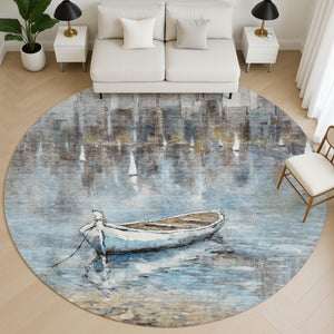 HomeRoots 8' X 10' Nautical Blue and Beige Area Rug - Washable, UV Protected, Stylish, and Durable Home Decor 716669