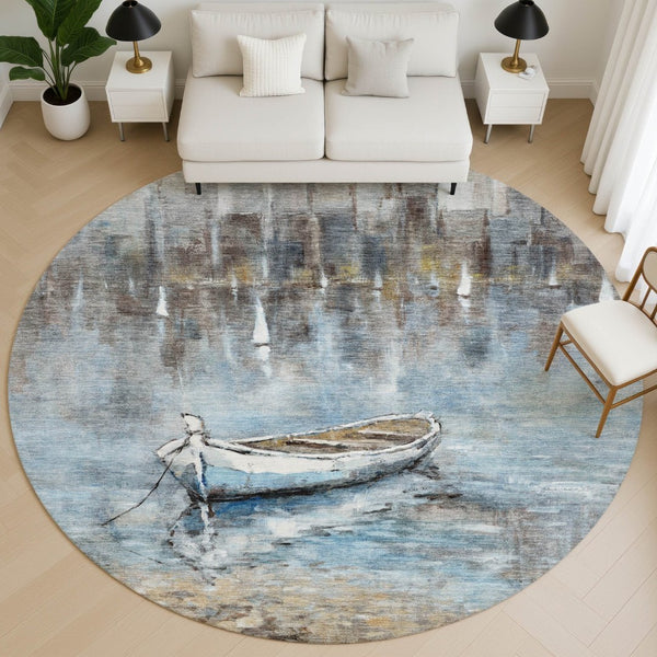 HomeRoots 8' X 10' Nautical Blue and Beige Area Rug - Washable, UV Protected, Stylish, and Durable Home Decor 716669