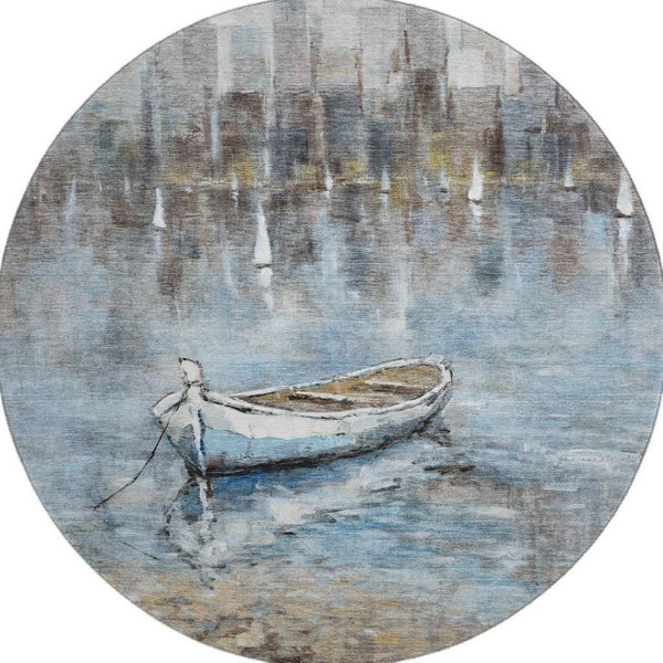 HomeRoots 8' X 10' Nautical Blue and Beige Area Rug - Washable, UV Protected, Stylish, and Durable Home Decor 716669