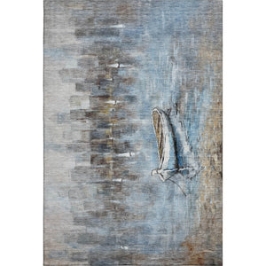 HomeRoots 10' X 14' Coastal Blue and Beige Nautical Area Rug - Washable, UV Protected, Soft & Durable Design 716671