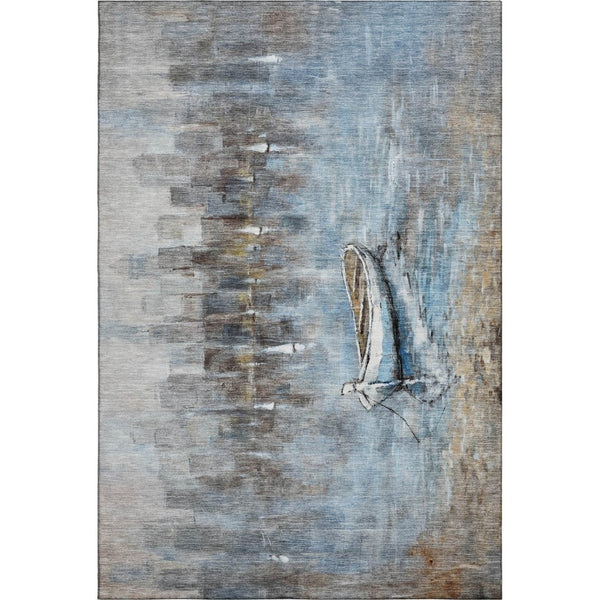 HomeRoots 10' X 14' Coastal Blue and Beige Nautical Area Rug - Washable, UV Protected, Soft & Durable Design 716671
