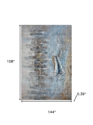 HomeRoots 10' X 14' Coastal Blue and Beige Nautical Area Rug - Washable, UV Protected, Soft & Durable Design 716671