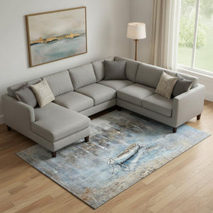 HomeRoots 10' X 14' Coastal Blue and Beige Nautical Area Rug - Washable, UV Protected, Soft & Durable Design 716671