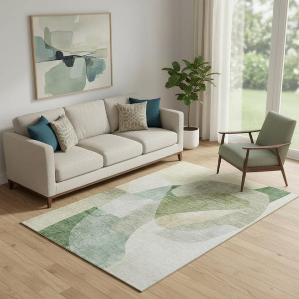 HomeRoots 8' Sage and Beige Abstract Washable Round Rug – Durable, UV-Protected, Modern Design for High Traffic Areas 716674