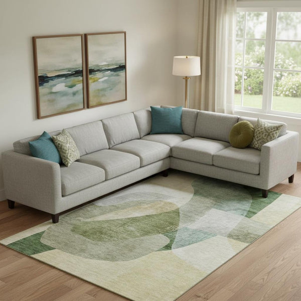 HomeRoots 9' X 12' Sage & Beige Abstract Area Rug – Washable, UV-Protected, Ideal for High-Traffic Spaces! 716676