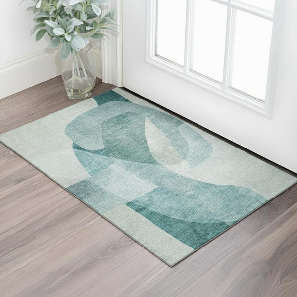 HomeRoots 5' X 8' Teal & Aqua Abstract Area Rug - Washable, UV-Protected, Stain-Resistant & Durable Design 716685