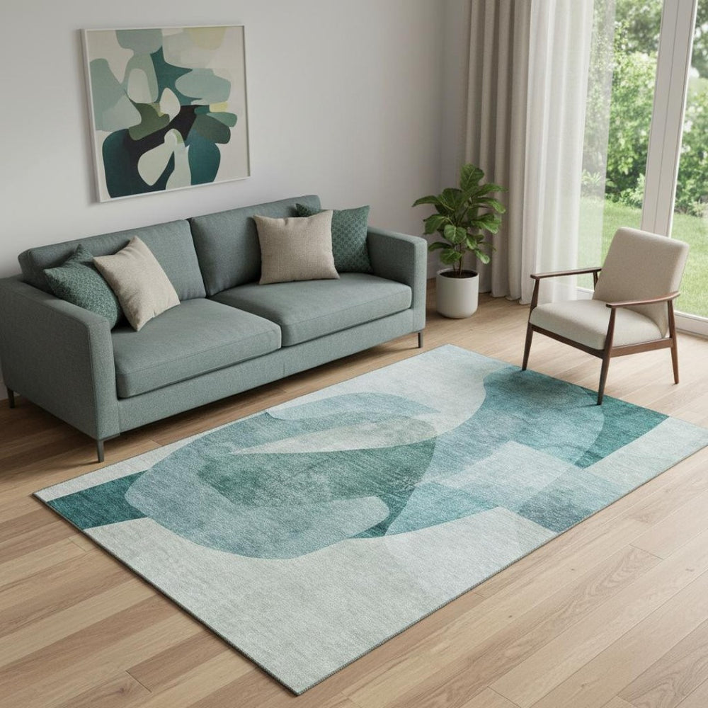 HomeRoots 8' Teal and Aqua Abstract Washable Round Rug with UV Protection for Stylish Indoor and Outdoor Use 716686