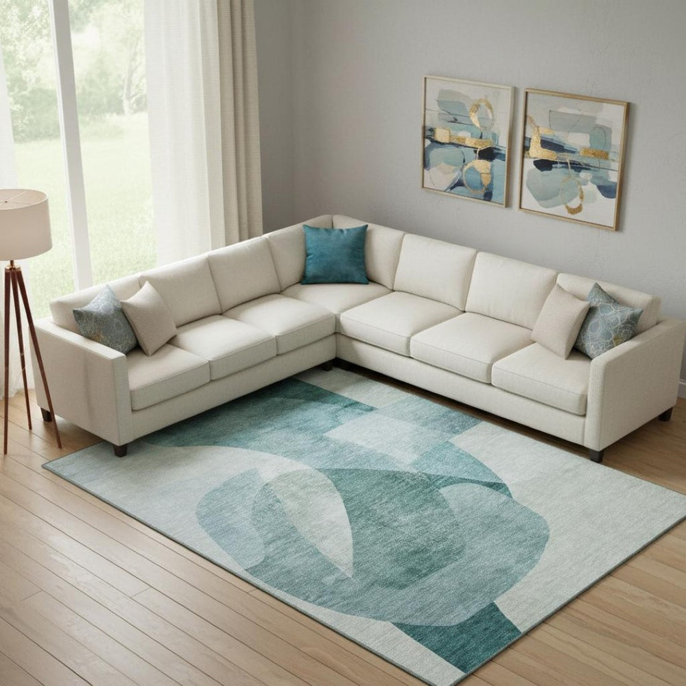 HomeRoots 9' X 12' Teal & Pale Aqua Abstract Area Rug - Washable, UV-Protected, Stain Resistant for Active Homes 716688
