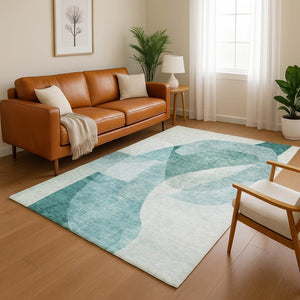 HomeRoots 10' X 14' Teal & Aqua Abstract Washable Area Rug - UV Protected, Durable, Family-Friendly Design 716689