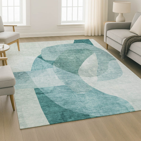 HomeRoots 10' X 14' Teal & Aqua Abstract Washable Area Rug - UV Protected, Durable, Family-Friendly Design 716689