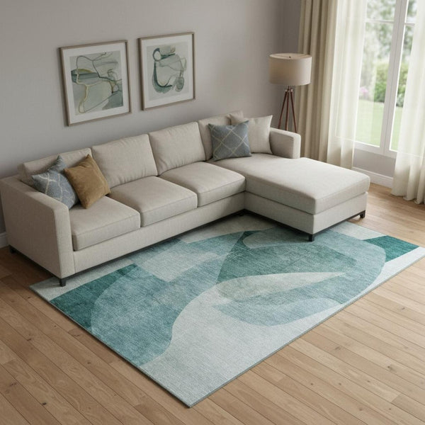 HomeRoots 10' X 14' Teal & Aqua Abstract Washable Area Rug - UV Protected, Durable, Family-Friendly Design 716689