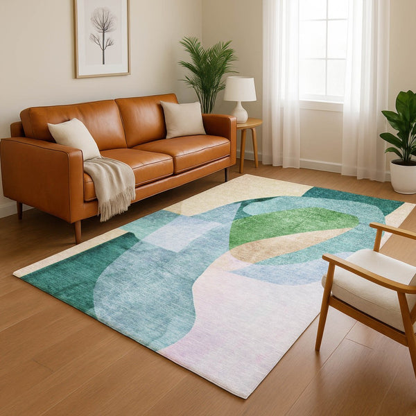 HomeRoots 8' Vibrant Green and Teal Abstract Round Rug – Washable, UV Protected, Stain Resistant & Non-Slip! 716698