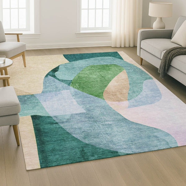 HomeRoots 8' Vibrant Green and Teal Abstract Round Rug – Washable, UV Protected, Stain Resistant & Non-Slip! 716698