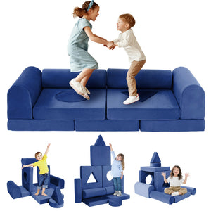 English Elm 11pcs Modular Foam Play Couch Set for Kids Velour Washable Toddler Playroom Builder Dark Blue T5880P493426