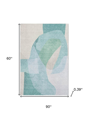 HomeRoots 8' Pale Aqua and Beige Abstract Washable Round Rug - UV Protected, Stain-Resistant, Soft & Durable 716704