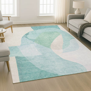 HomeRoots 8' Pale Aqua and Beige Abstract Washable Round Rug - UV Protected, Stain-Resistant, Soft & Durable 716704