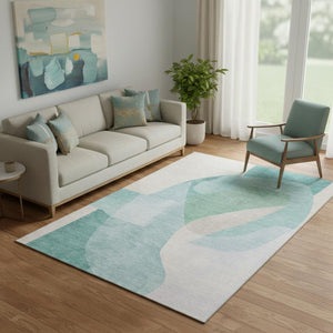 HomeRoots 8' Pale Aqua and Beige Abstract Washable Round Rug - UV Protected, Stain-Resistant, Soft & Durable 716704
