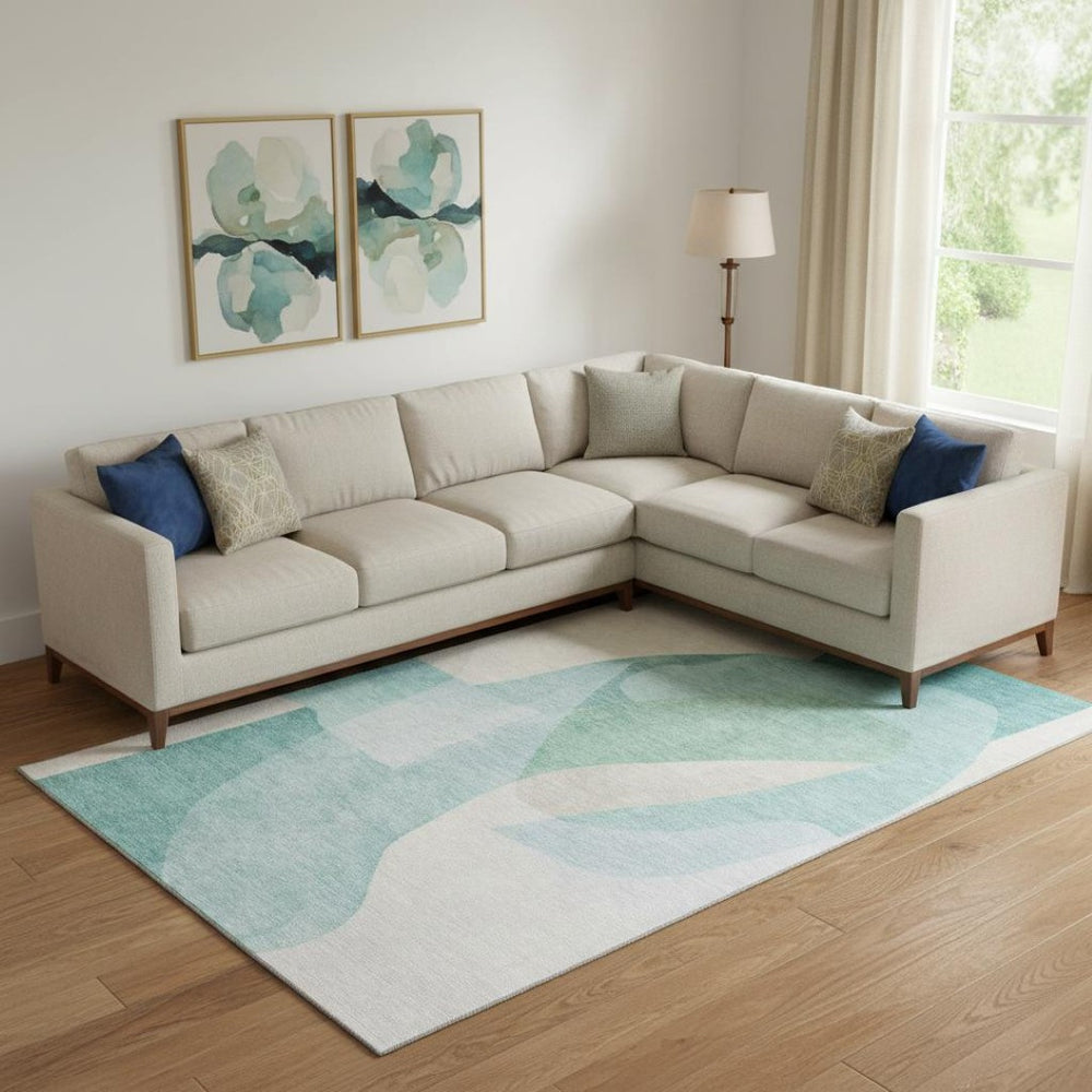 HomeRoots 9' X 12' Modern Pale Aqua & Beige Abstract Washable Area Rug with UV Protection for Homes 716706