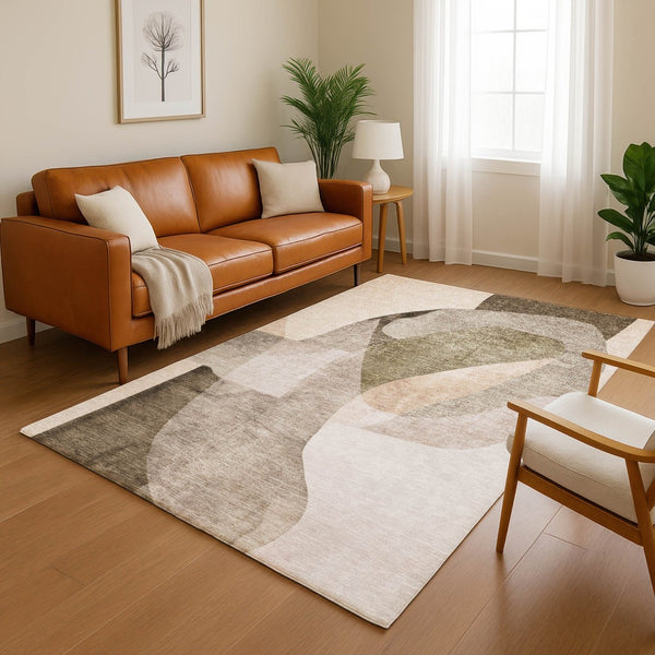 HomeRoots 8' Taupe and Beige Abstract Round Rug - Washable, UV Protected, Durable for Homes with Kids & Pets 716710