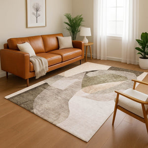 HomeRoots 9' X 12' Taupe And Beige Modern Abstract Washable Area Rug With UV Protection for Active Homes 716712