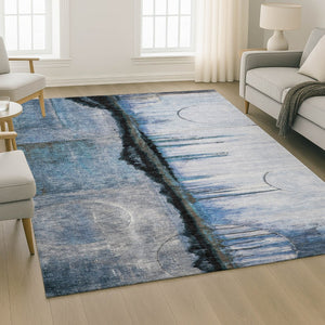 HomeRoots 8' Blue and Charcoal Abstract Round Rug - Washable, Stain-Resistant, UV Protected for Busy Homes 716716