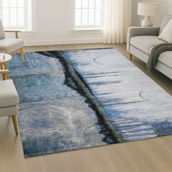 HomeRoots 8' Blue and Charcoal Abstract Round Rug - Washable, Stain-Resistant, UV Protected for Busy Homes 716716