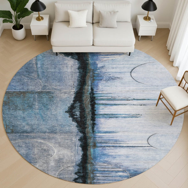 HomeRoots 8' X 10' Blue & Charcoal Abstract Washable Area Rug with UV Protection for Modern Homes & Pets 716717