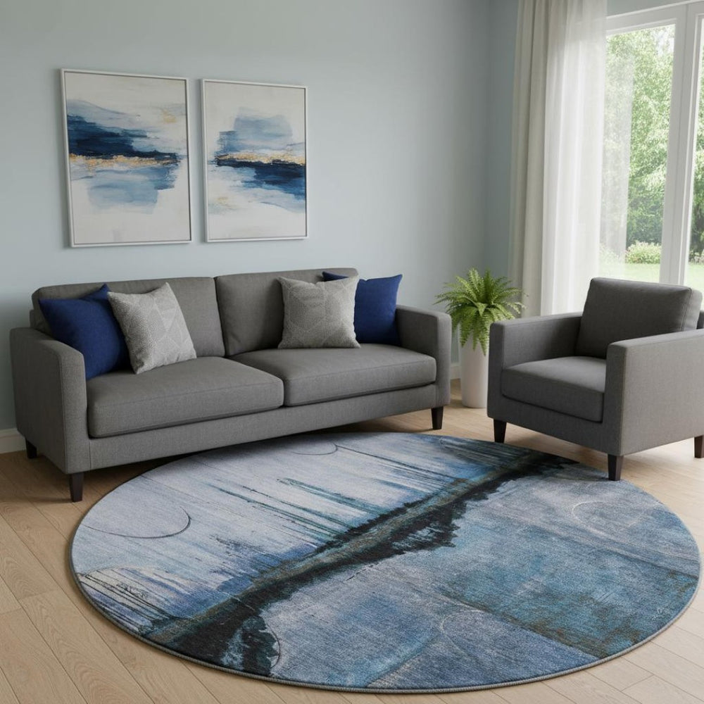 HomeRoots 8' X 10' Blue & Charcoal Abstract Washable Area Rug with UV Protection for Modern Homes & Pets 716717