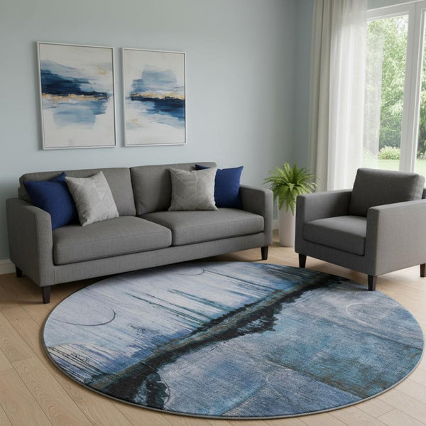 HomeRoots 8' X 10' Blue & Charcoal Abstract Washable Area Rug with UV Protection for Modern Homes & Pets 716717