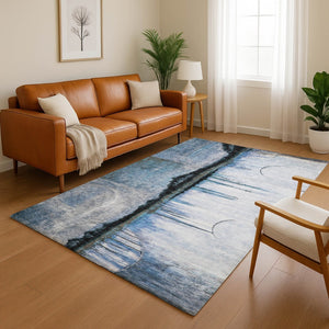 HomeRoots 9' X 12' Blue and Charcoal Abstract Washable Area Rug with Non-Slip Backing & UV Protection 716718
