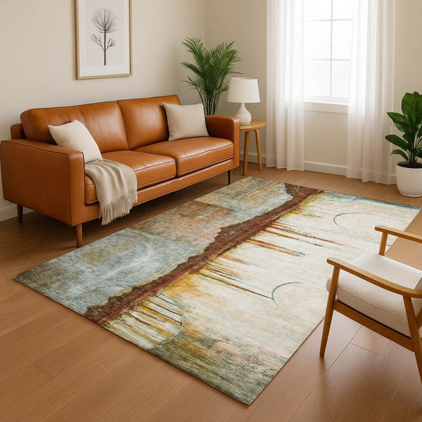HomeRoots 5' X 8' Stylish Rust and Beige Abstract Area Rug - Washable, Stain Resistant, UV Protected for Durability 716727