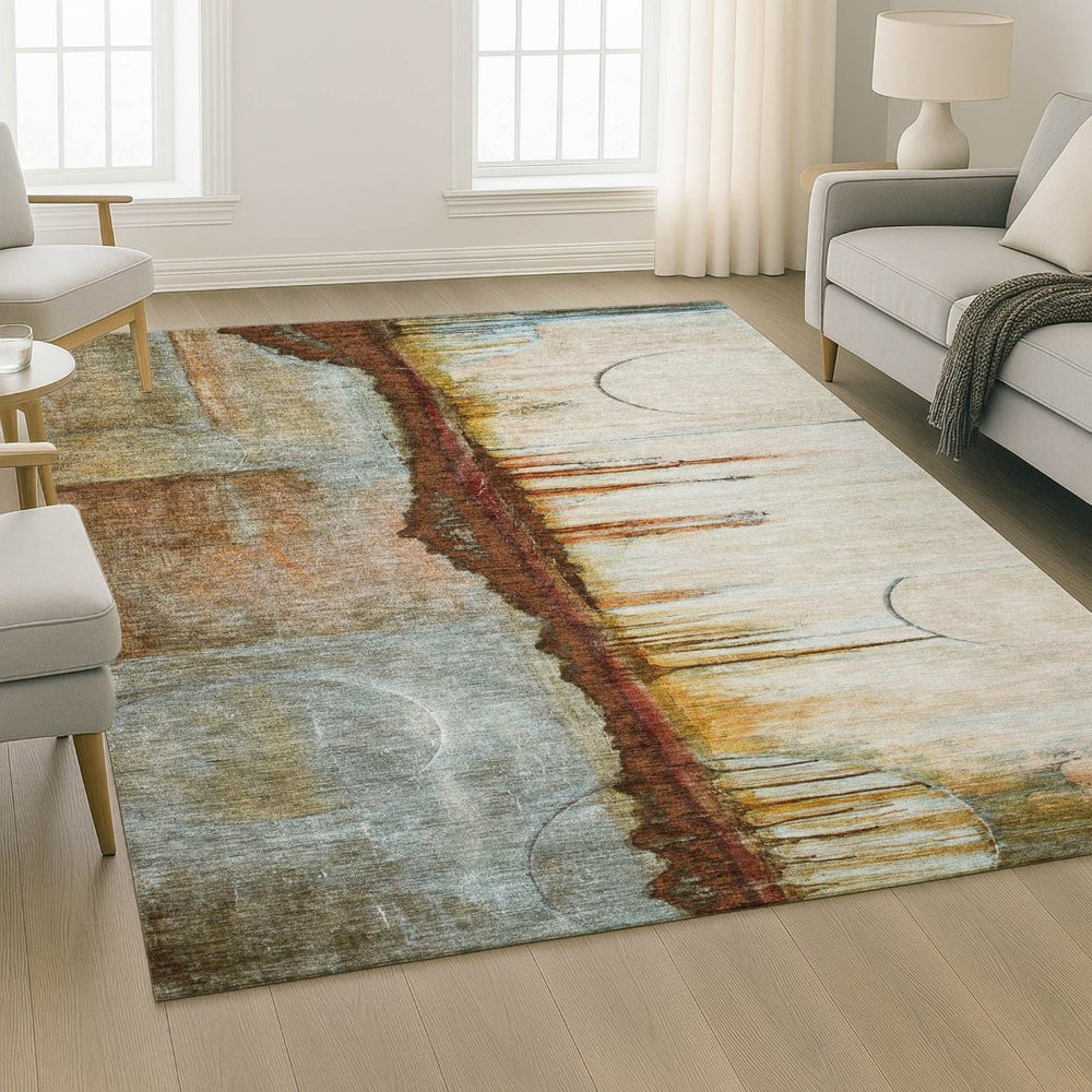HomeRoots 9' X 12' Washable Area Rug - Stylish Rust & Beige Abstract Design with UV & Stain Protection Features 716730