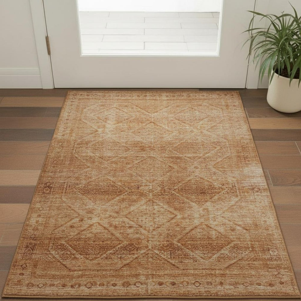HomeRoots 5' X 8' Stylish Copper and Rust Geometric Area Rug - Washable, UV Protected, and Pet-Friendly Design 716745