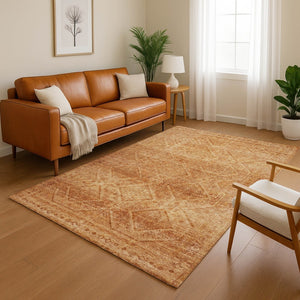 HomeRoots 8' Copper and Rust Geometric Washable Round Rug - UV Protected, Stain-Resistant, Modern Design 716746