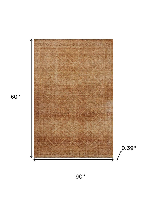 HomeRoots 8' Copper and Rust Geometric Washable Round Rug - UV Protected, Stain-Resistant, Modern Design 716746