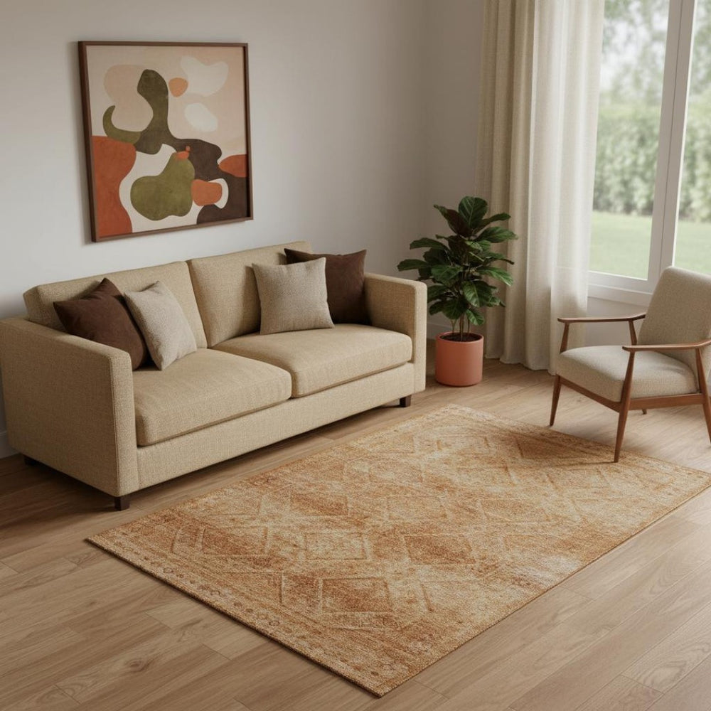 HomeRoots 8' Copper and Rust Geometric Washable Round Rug - UV Protected, Stain-Resistant, Modern Design 716746