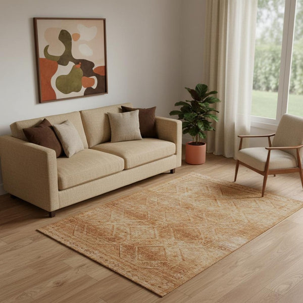 HomeRoots 8' Copper and Rust Geometric Washable Round Rug - UV Protected, Stain-Resistant, Modern Design 716746