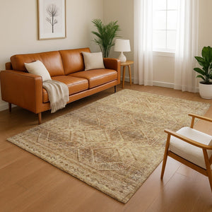 HomeRoots 5' X 8' Geometric Khaki & Beige Area Rug - Washable, Stain Resistant, UV Protected for Homes & Pets 716751