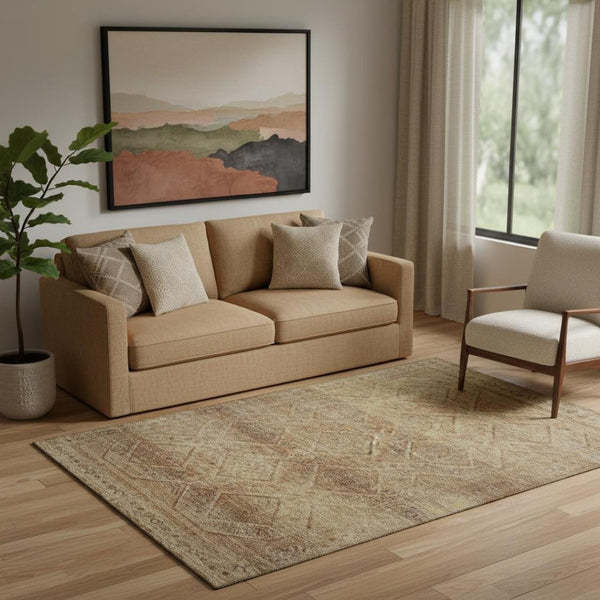 HomeRoots 8' Khaki and Beige Geometric Round Rug - Washable, UV Protected, Durable for Homes with Kids & Pets 716752