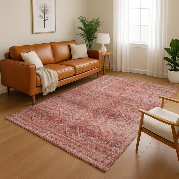 HomeRoots 10' X 14' Pink and Mauve Geometric Area Rug - Washable, UV Protected, Durable for High-Traffic Spaces 716761