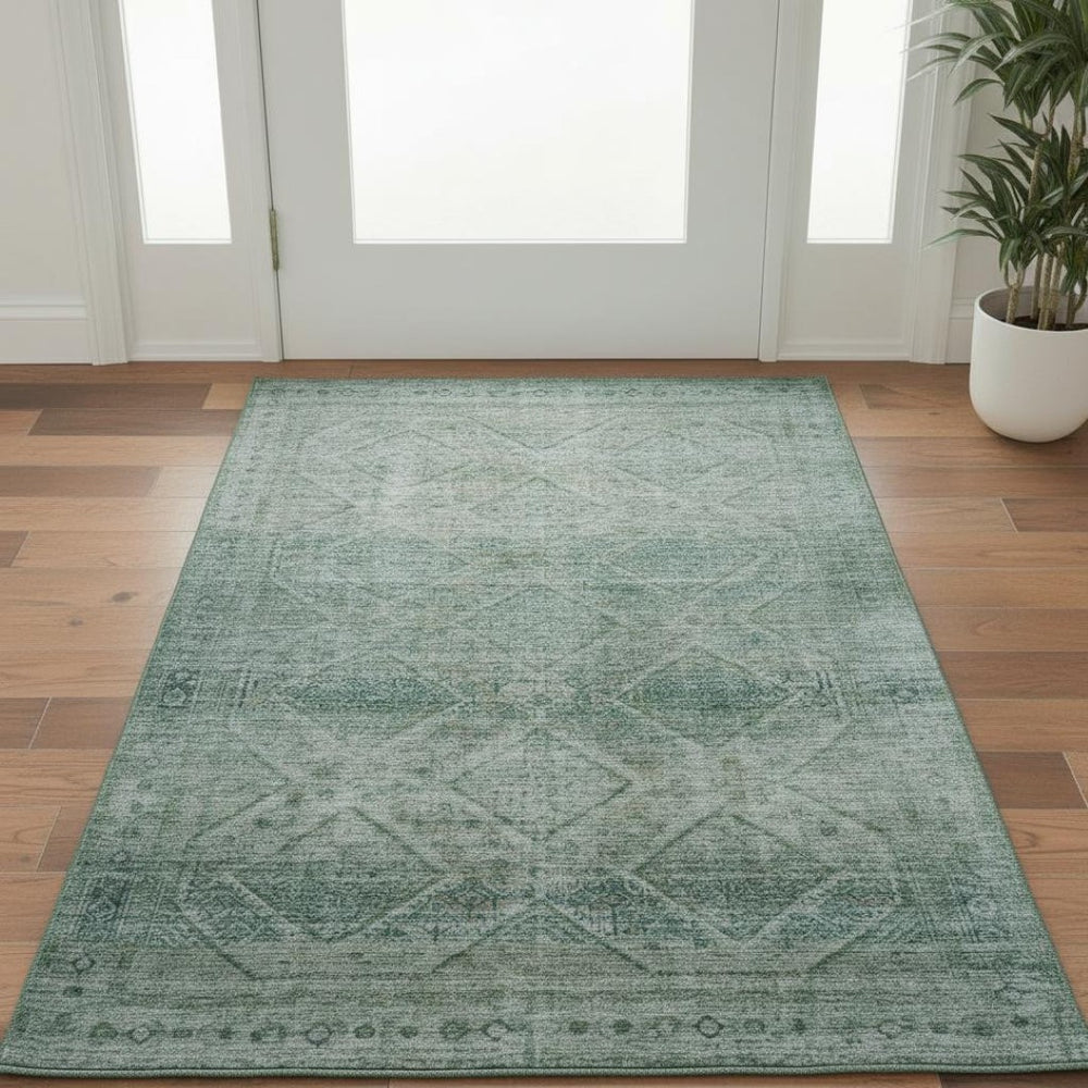 HomeRoots 5' X 8' Teal and Pale Aqua Geometric Area Rug - Washable, UV Protected, Stain Resistant & Non-Slip! 716763