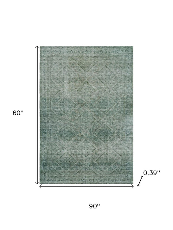HomeRoots 8' Stylish Teal and Pale Aqua Geometric Washable Round Rug with UV Protection for Modern Homes 716764
