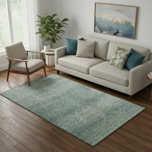 HomeRoots 8' Stylish Teal and Pale Aqua Geometric Washable Round Rug with UV Protection for Modern Homes 716764