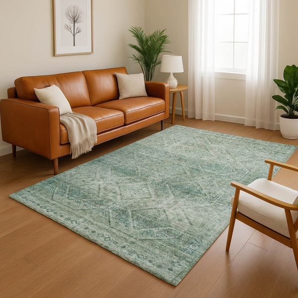 HomeRoots 9' X 12' Teal Geometric Area Rug - Washable, UV-Protected, Stylish Durability for Busy Homes 716766