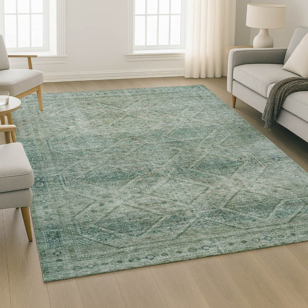 HomeRoots 9' X 12' Teal Geometric Area Rug - Washable, UV-Protected, Stylish Durability for Busy Homes 716766