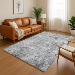 HomeRoots 9' X 12' Blue & Taupe Abstract Washable Area Rug - UV Protected, Durable & Low-Maintenance Design 716778